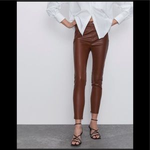 Zara High Rise Faux Leather Leggings Pull On Pants in Mid Brown size M